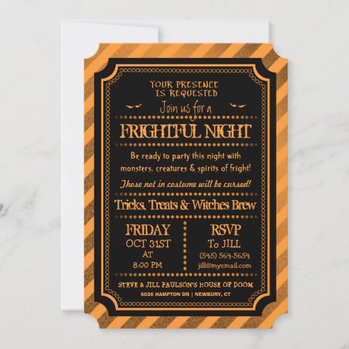 Halloween Orange  Black Spooky Frightful Night Invitation