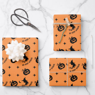 Halloween Orange Black Spooky Pumpkin Witch Wrapping Paper Sheets
