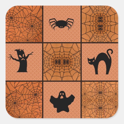 Halloween Orange Black Spooky Spider Web Collage Square Sticker