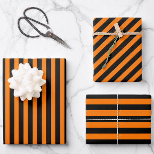 Halloween Orange Black Stripes Pattern Custom Text Wrapping Paper Sheets