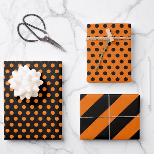 Halloween Orange Black Stripes  Polka Dots Party Wrapping Paper Sheets