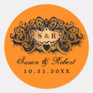 Halloween Orange Black Wedding Round Label Names