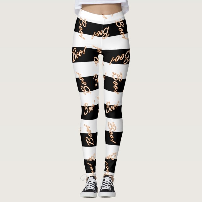 Halloween Orange BOO Black & White Striped Festive Leggings (Front)