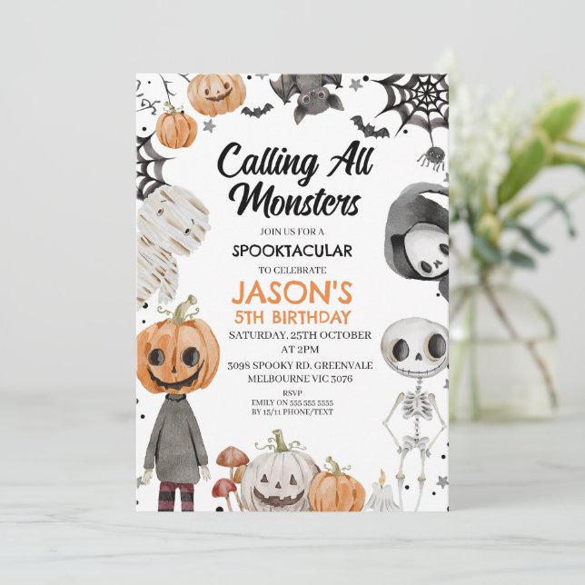 Halloween Orange Calling all Monsters Birthday Invitation (Standing Front)