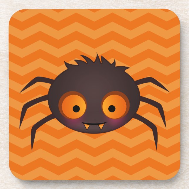 Halloween Orange Chevron Cute Spider Design Beverage Coaster (Front)