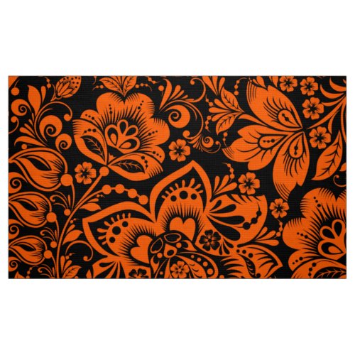 Halloween Orange Floral Pattern Black Background Fabric