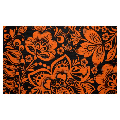 Halloween Orange Floral Pattern Black Background Fabric | Zazzle