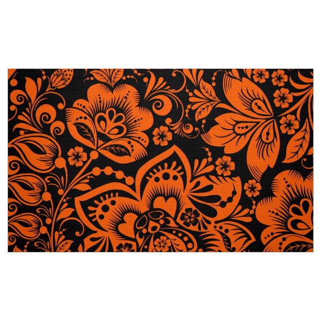 Halloween Orange Floral Pattern Black Background Fabric (Fat Quarter)