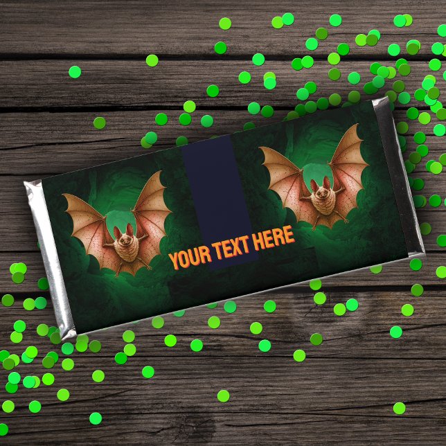 Halloween Orange Flying Bats Green Cave Black Hershey Bar Favors (Two Halloween orange flying bats green spooky cave on black Hershey bar candy favor wrappers.)