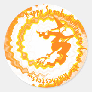 Halloween orange flying witch magic spell text classic round sticker