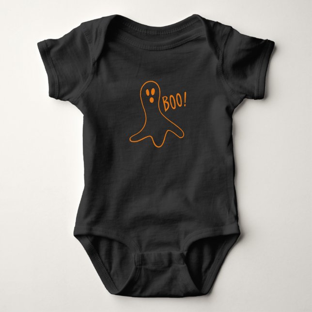 Halloween orange ghost boo spooky funny costume baby bodysuit (Front)