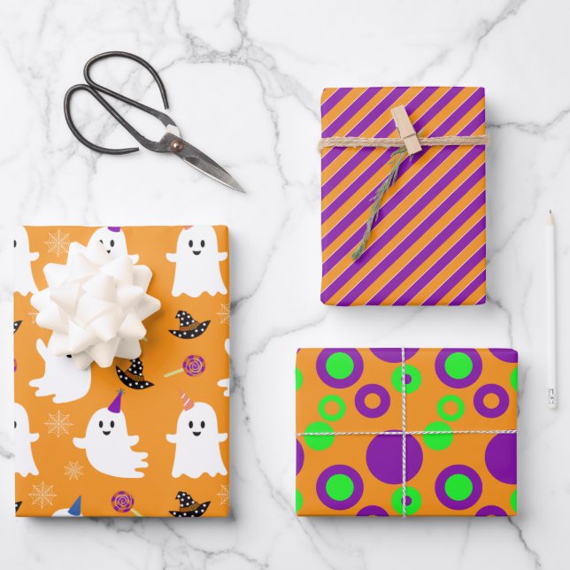Halloween Orange Ghost Cute Stripes Dots Kids Wrapping Paper Sheets (Front)