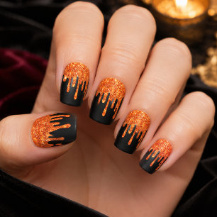 Halloween Orange Glitter Drips on Black Minx Nail Art