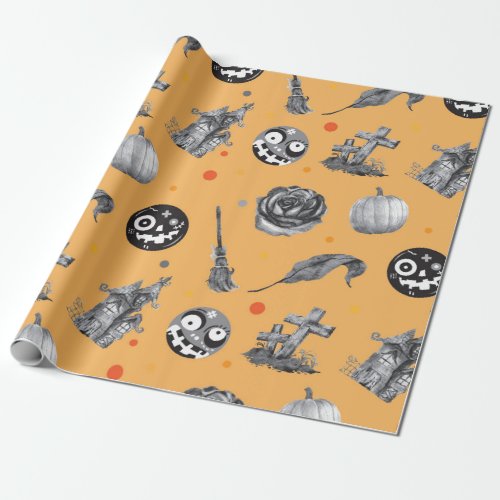 Halloween Orange Gray Vintage Wrapping Paper