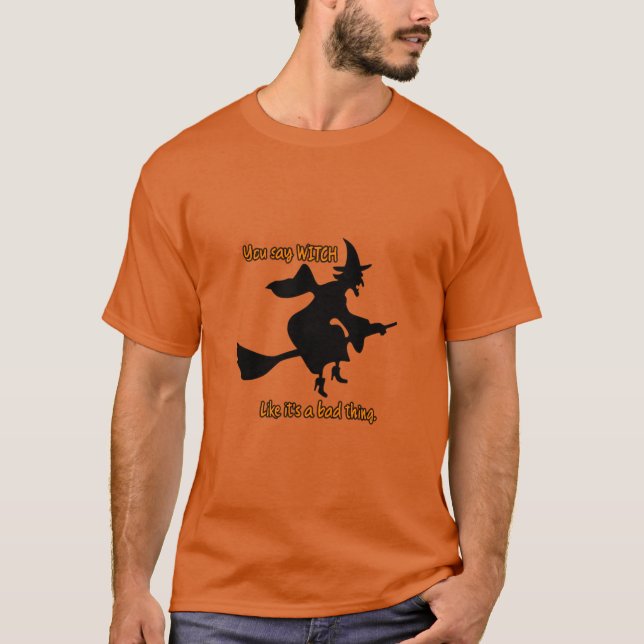 Halloween Orange Laughing Witch  Broom Topography T-Shirt (Front)