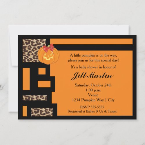 Halloween Orange  Leopard Baby Shower Invitation