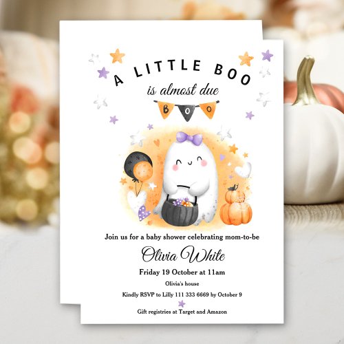 Halloween Orange Little Boo Ghost Girl Baby Shower Invitation