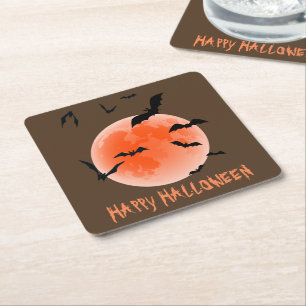 Halloween Orange Moon And Black Bats Square Paper Coaster