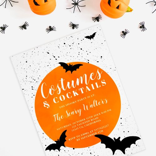 Halloween orange moon bats splatters cocktails invitation