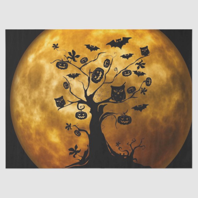 Halloween Orange Moon Pumpkins Owls Scary Tree  Tissue Paper (Front)
