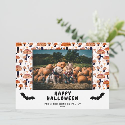 Halloween Orange Mushroom Black Bat Fall Photo  Holiday Card
