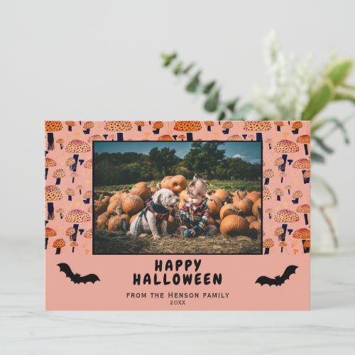 Halloween Orange Mushroom Black Bat Fall Photo Holiday Card