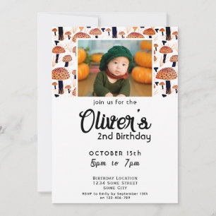 Halloween Orange Mushroom Fall Photo Birthday Invitation