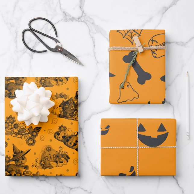 Halloween Orange Patterned Wrapping Paper Sheets (Front)