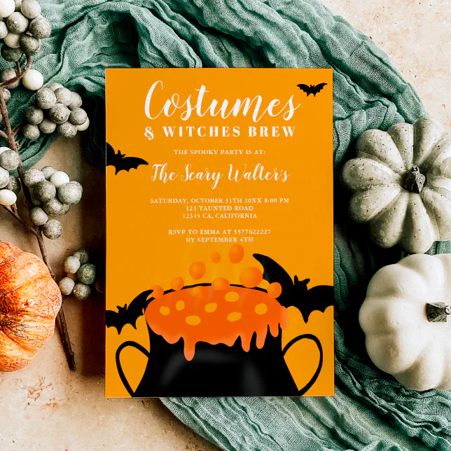 Halloween orange potion bats costume party invitation | Zazzle