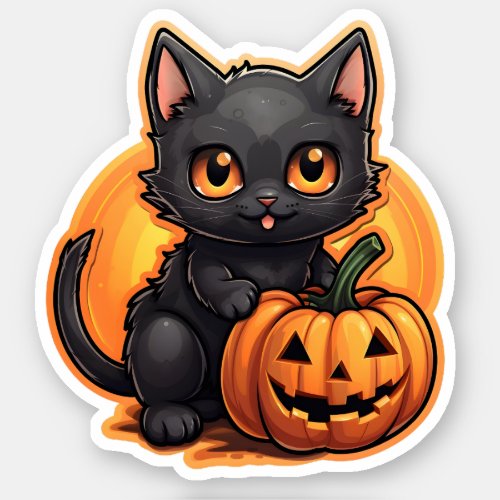 Halloween Orange Pumpkin Adorable Small Black Cat Sticker