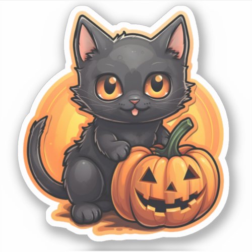 Halloween Orange Pumpkin Adorable Small Black Cat Sticker