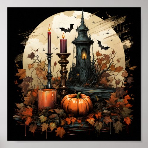 Halloween Orange Pumpkin Bats Candle And Leaves Poster