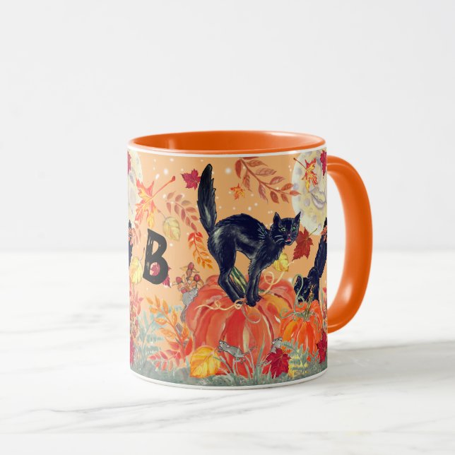 Halloween Orange Pumpkin Black Cat Fall Custom Mug (Front Right)