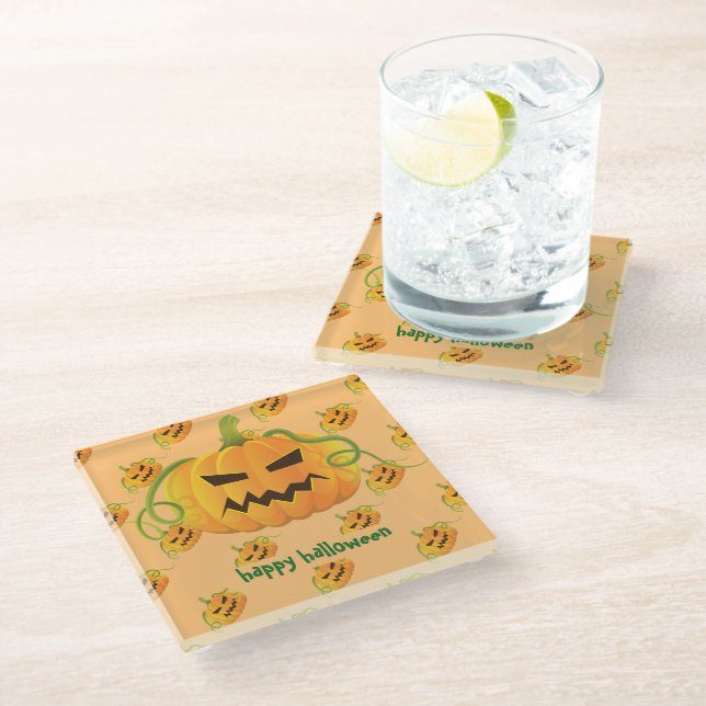 Halloween Orange Pumpkin Glass Coaster (Angled)