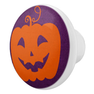 Halloween Orange Pumpkin on Purple Background Ceramic Knob