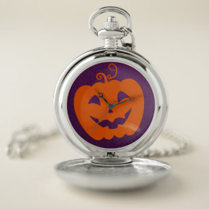 Halloween Orange Pumpkin on Purple Background Pocket Watch