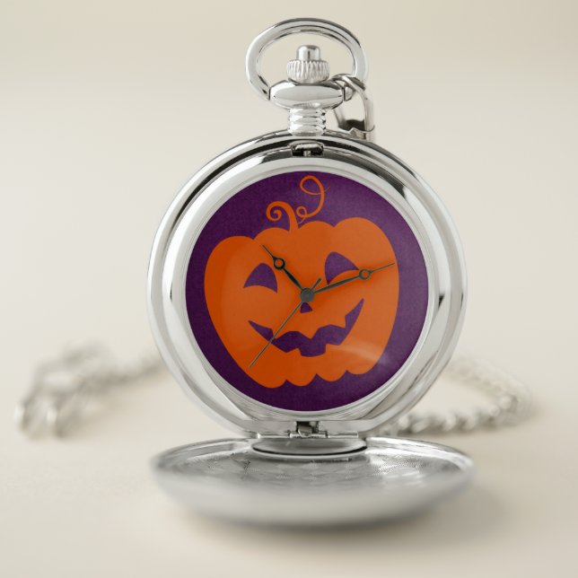 Halloween Orange Pumpkin on Purple Background Pocket Watch (Inside)