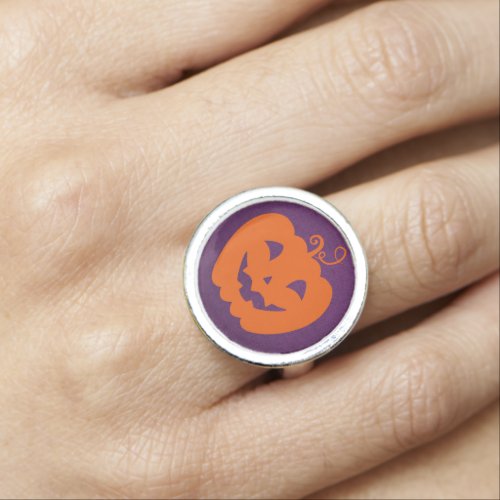 Halloween Orange Pumpkin on Purple Background Ring