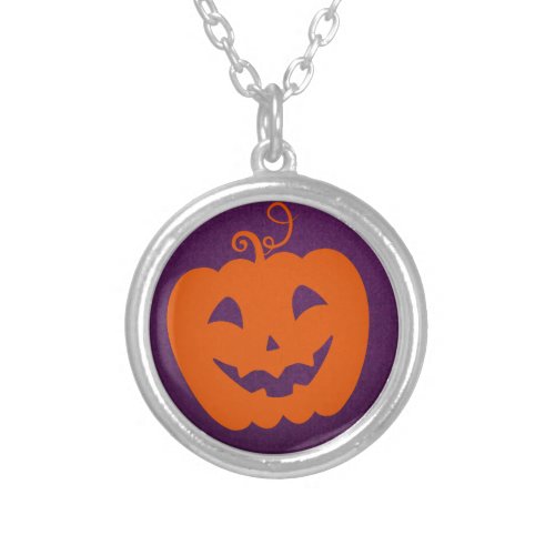 Halloween Orange Pumpkin on Purple Background Silver Plated Necklace