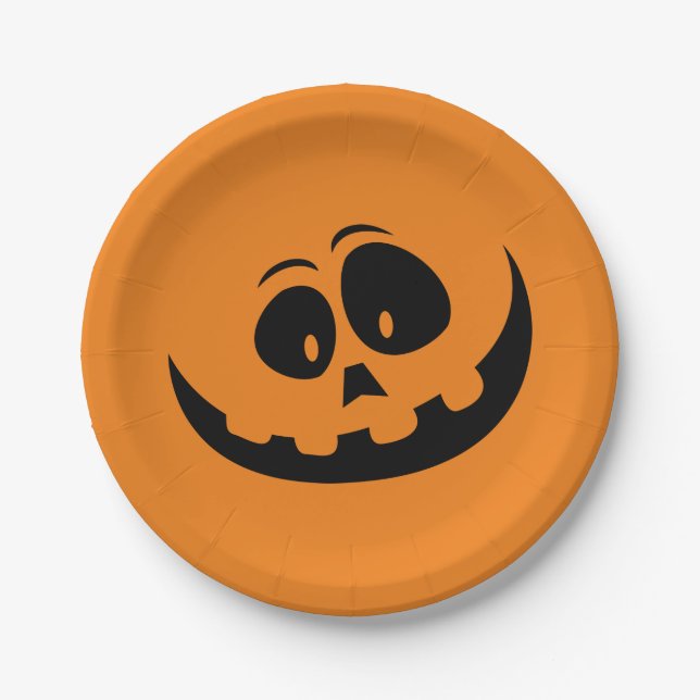 Halloween orange pumpkin spooky face autumn funny paper plates (Front)