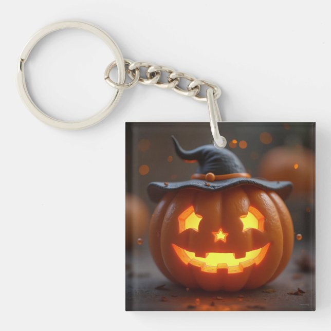 Halloween orange pumpkin wearing a witch hat keychain (Front)