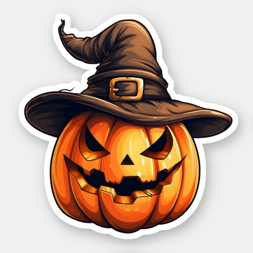 Halloween Orange Pumpkin Wearing Witch Hat  Sticker