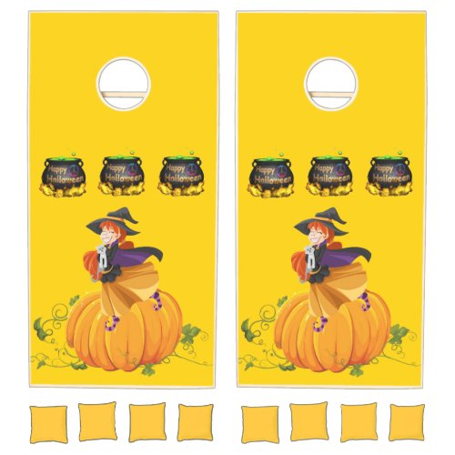 Halloween Orange Pumpkin Witch Cornhole Set