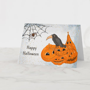 Halloween Orange Pumpkins Crow Spider Web Card