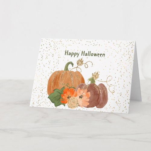 Halloween Orange Pumpkins Flowers Gold Card