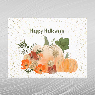 Halloween Orange Pumpkins Gold Confetti Flowers Holiday Postcard