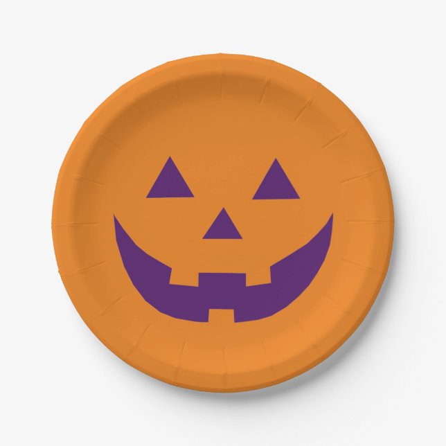 Halloween orange purple Jack o lantern pumpkin  Paper Plates (Front)