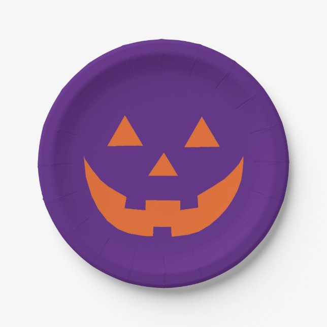 Halloween orange purple Jack o lantern scary funny Paper Plates (Front)