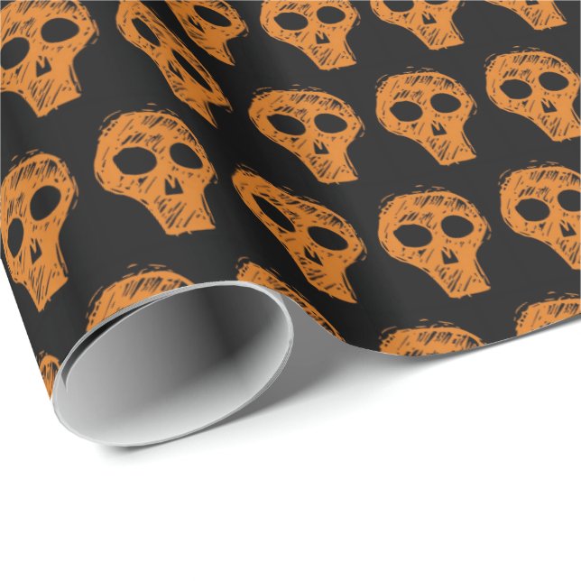 Halloween Orange Skull Pattern Black Wrapping Paper (Roll Corner)
