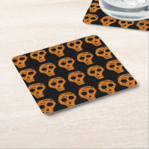 Halloween Orange Skull Pattern Square Paper Coaster